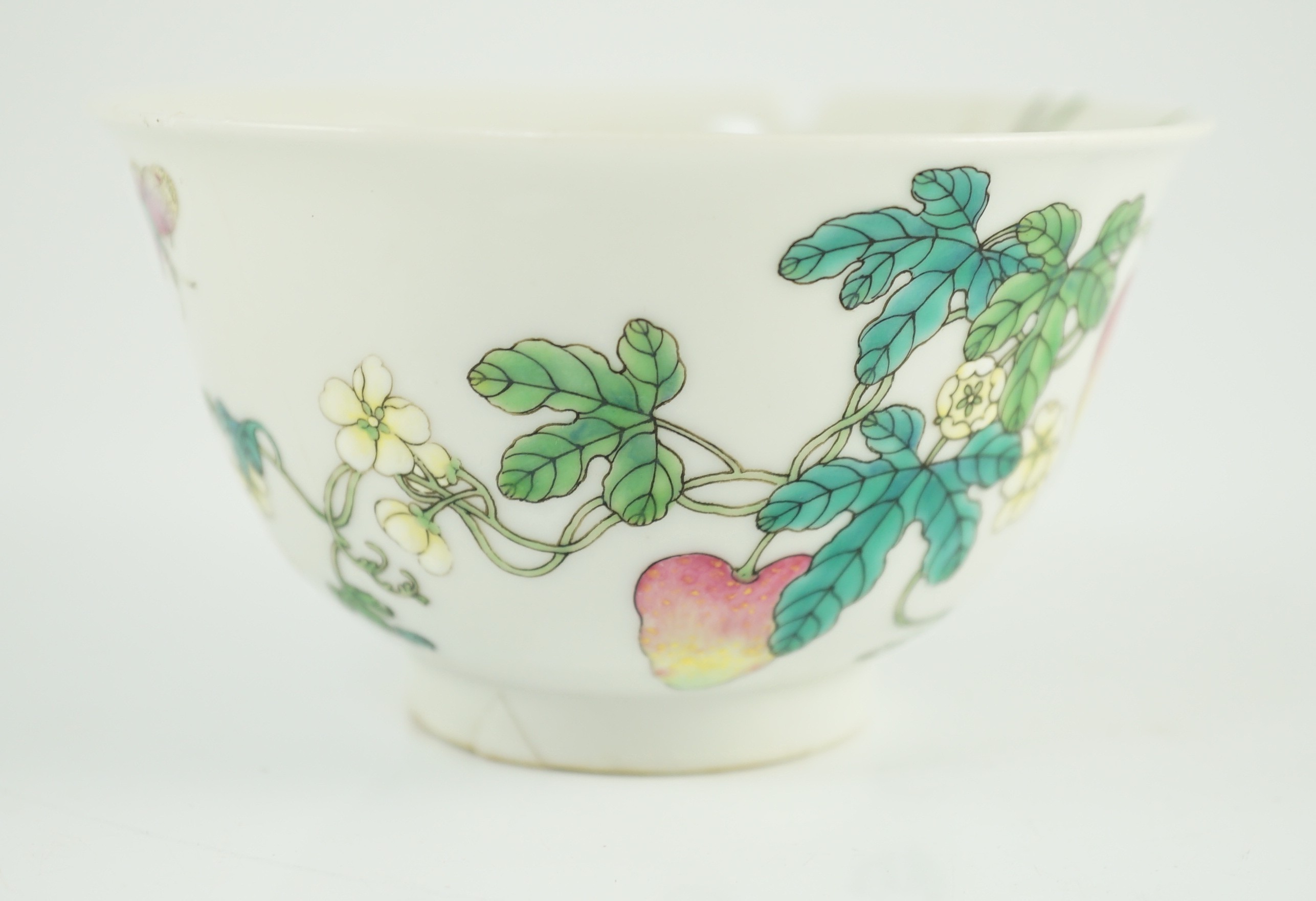 A Chinese famille rose bowl, Jiaqing seal mark and of the period (1796-1820), 10.7cm diameter, 6.3cm high, extensive damage